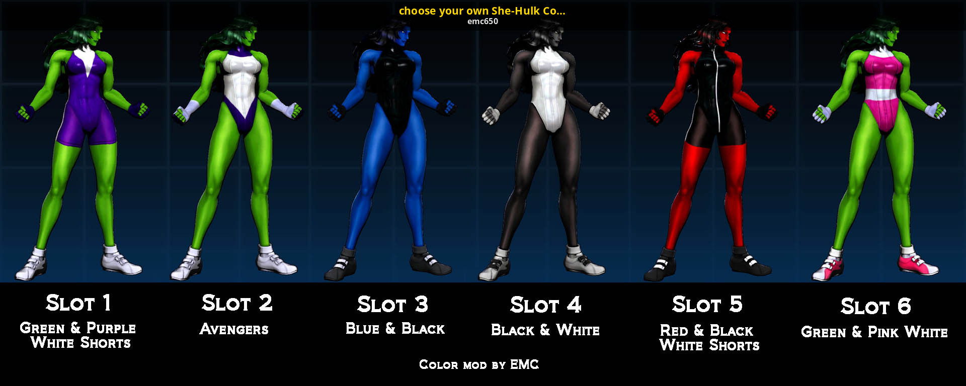A Mod for Ultimate Marvel vs Capcom 3. choose your own She-Hulk Color mod.....