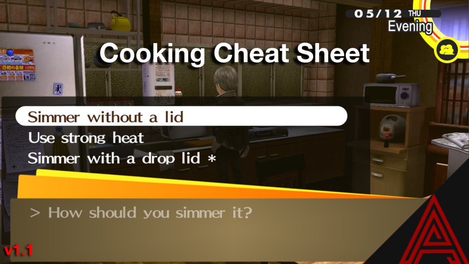 Cooking Cheat Sheet Mod for Persona 4 Golden PC (32 Bit) | P4G PC 32 Mods