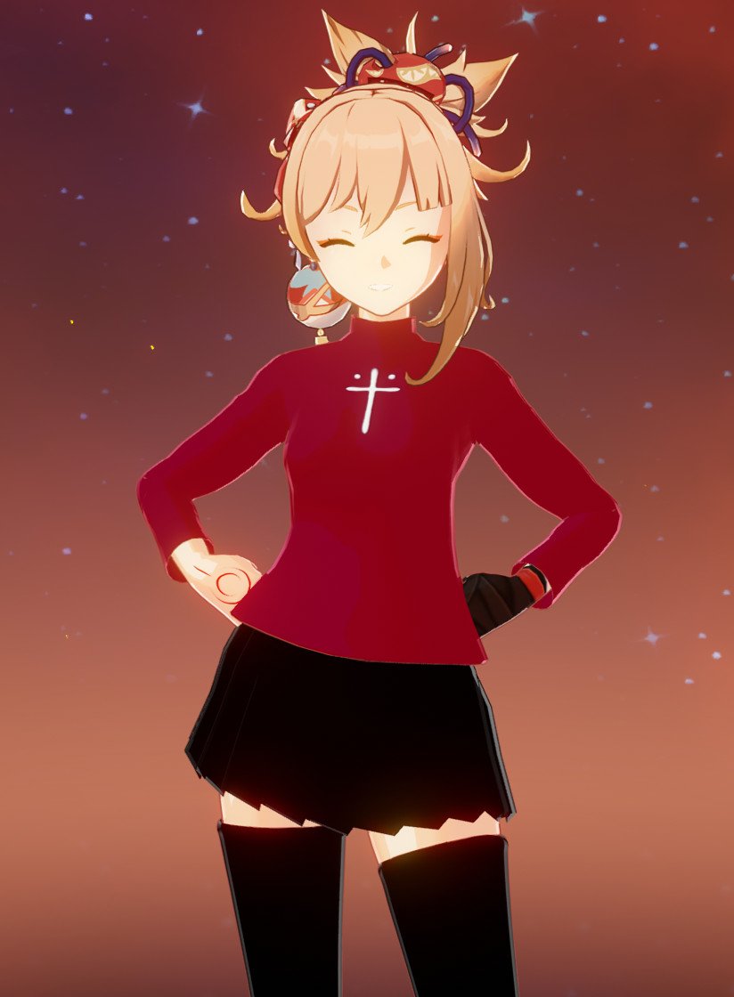 Yoimiya wearing Rin Tohsaka's outfit.