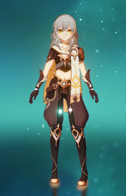 Stelle wearing Aether's clothes over Lumine