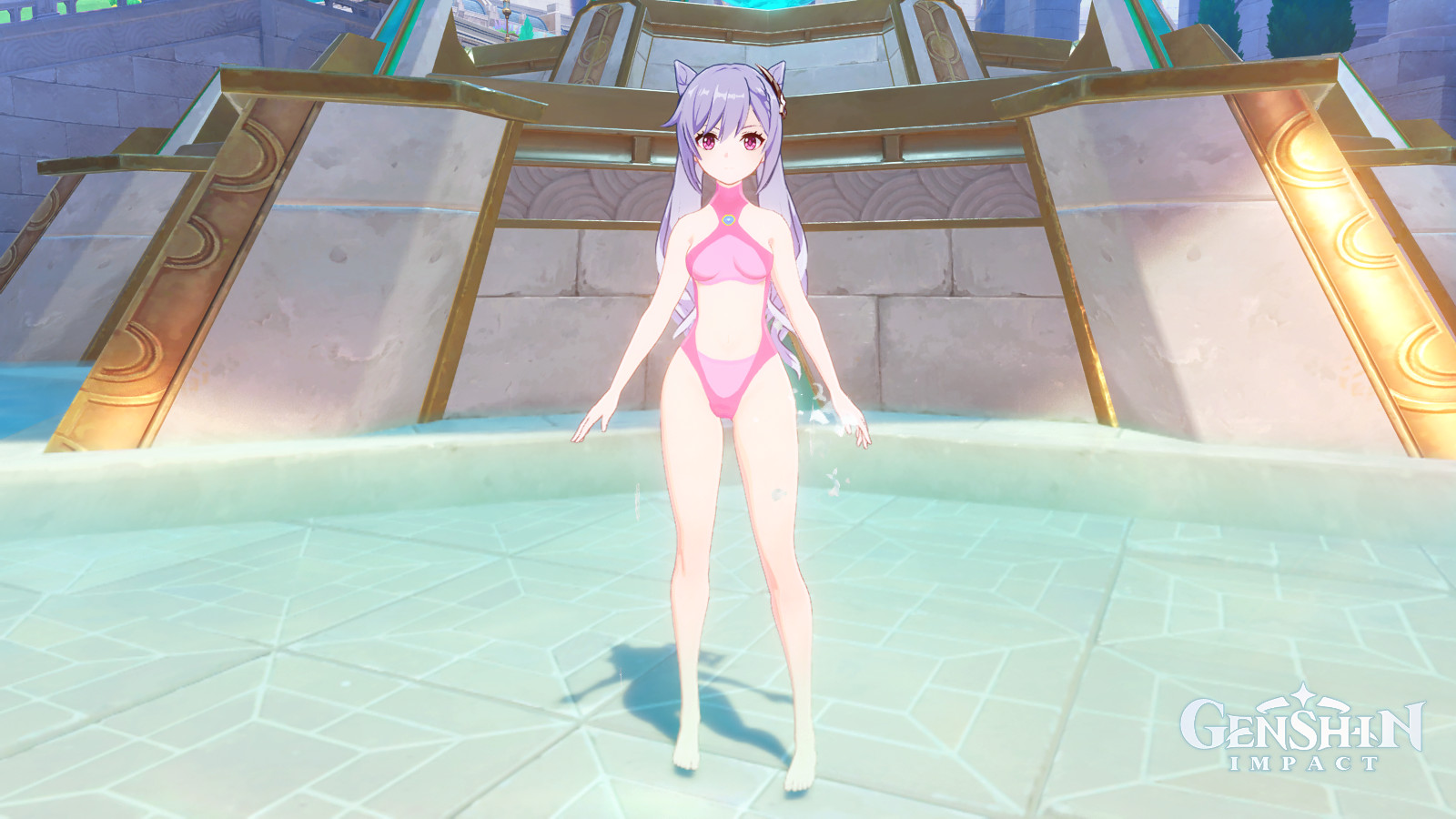 Keqing's Peach one-piece swimsuit