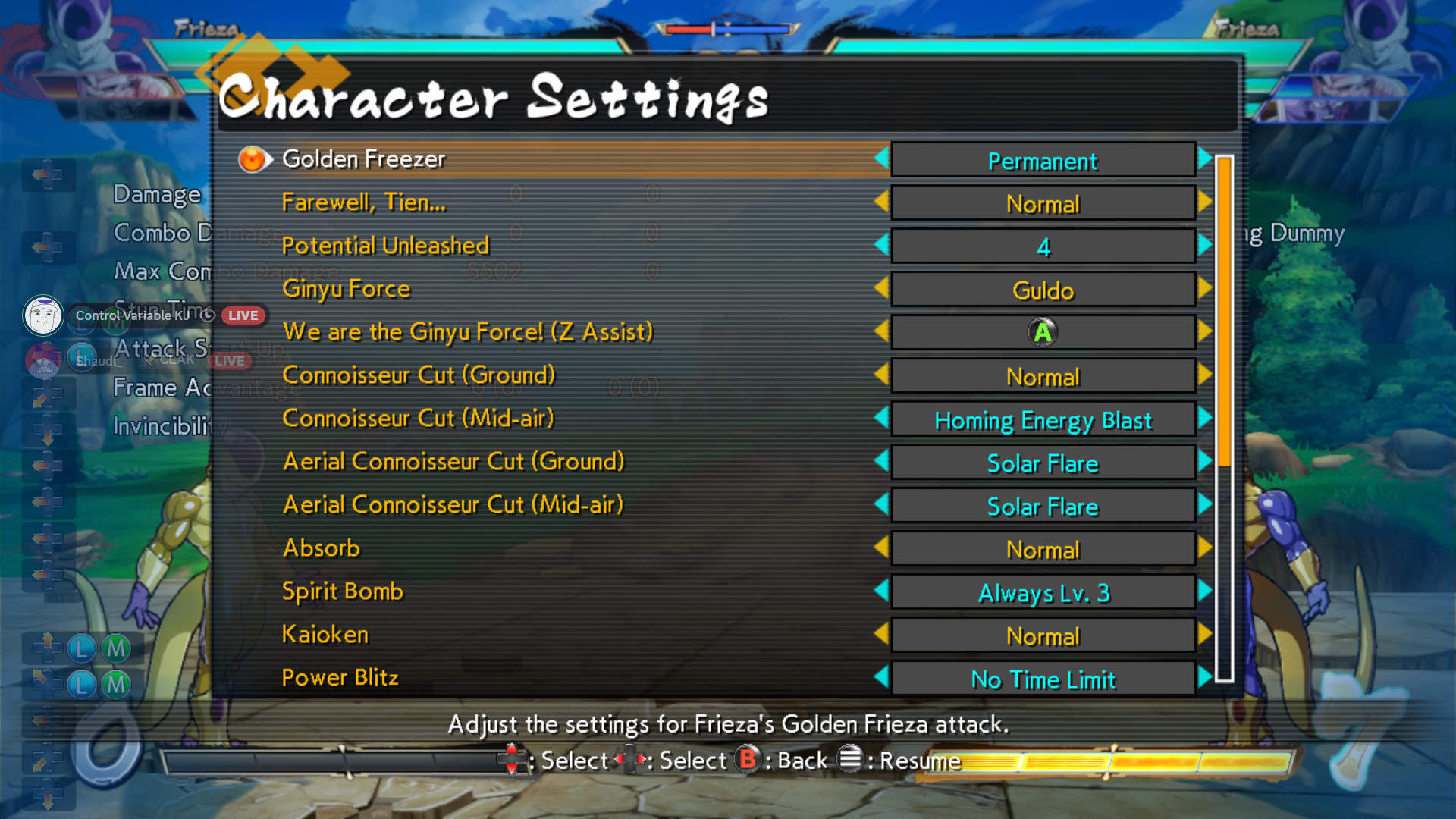 UPDATED: Golden Frieza Training Mode Options