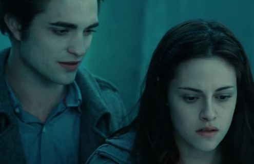 Edward and Bella together in the Twilight scene.