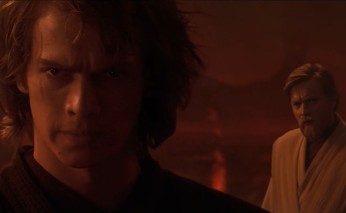 Anakin and Obi-Wan facing each other on Mustafar.
