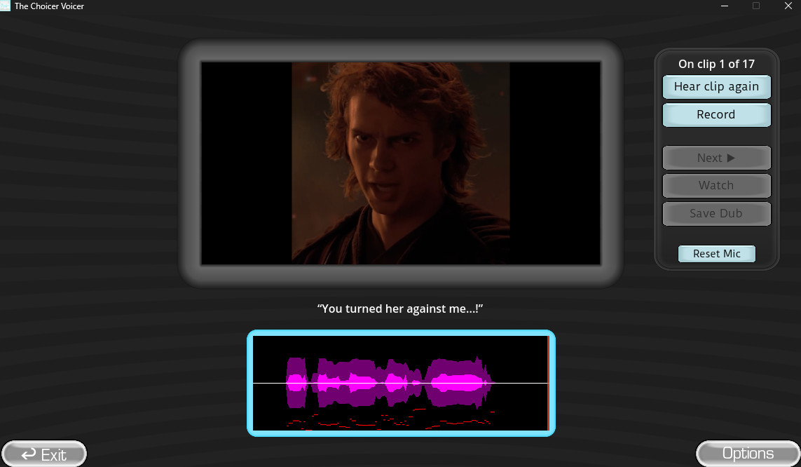 The pack loaded and playing: clip 1 of 17, the line "You turned her against me...!" printed under the monitor, and a magenta waveform of the original delivery below it.