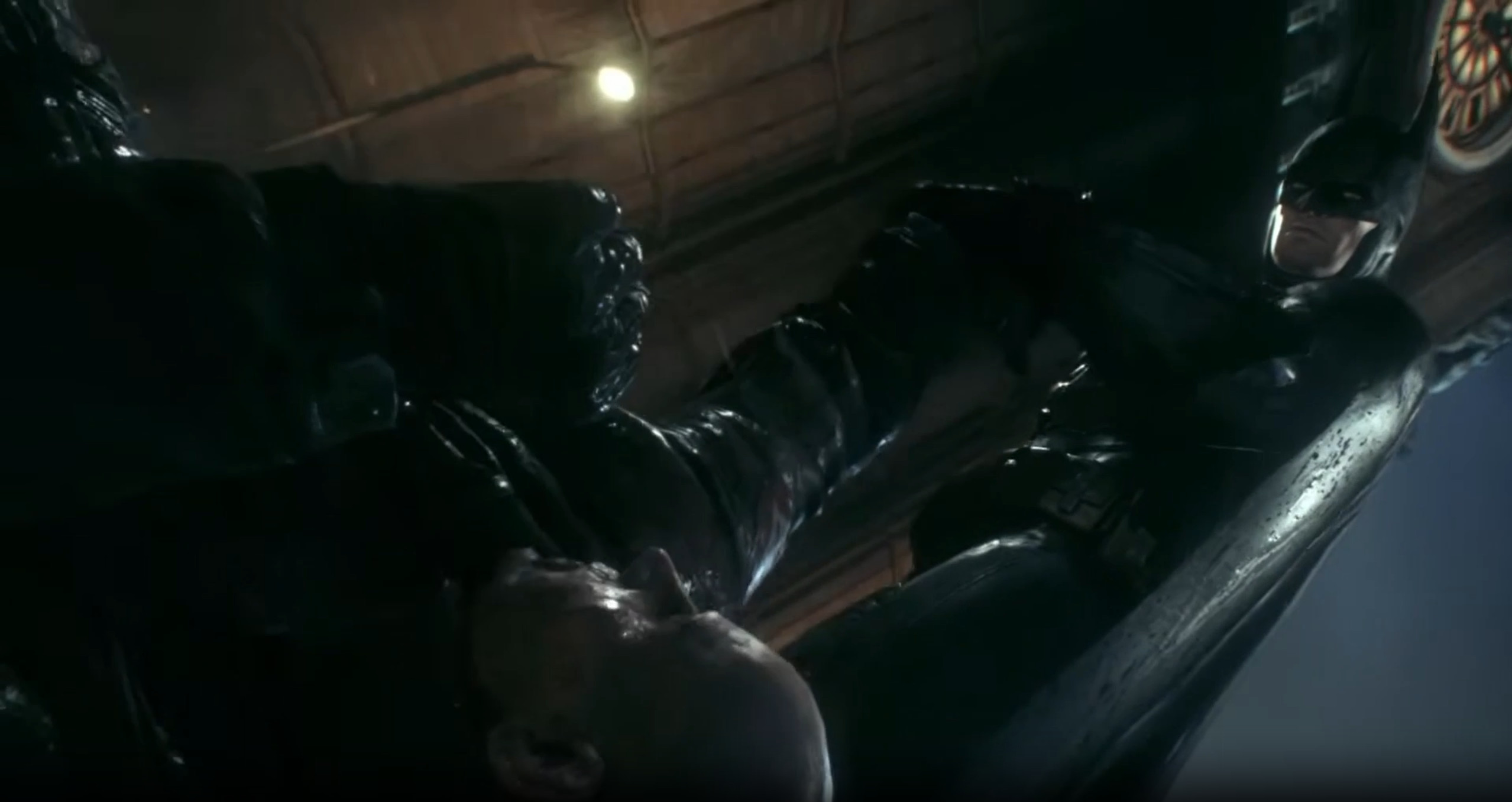 Screenshot of Batman Arkham Knight - Batman interigating soldier