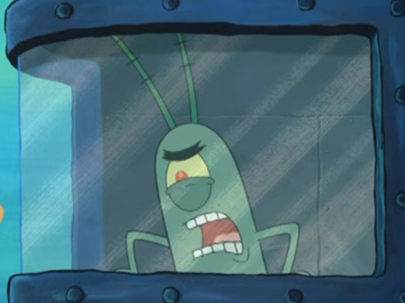 A scene from the pack: Plankton shouting from behind a pane of glass.