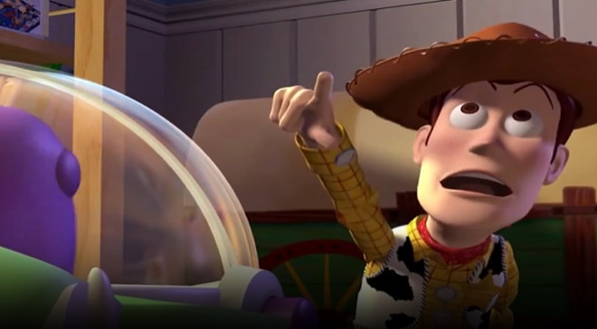 Woody pointing across Andy's room during the scene.