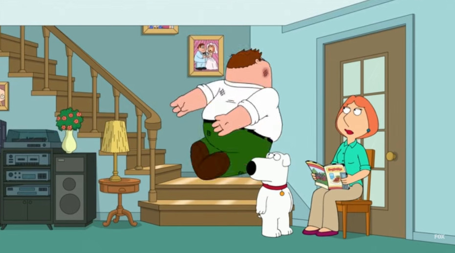 Screenshot of Family Guy-Peter politely falls down the stairs