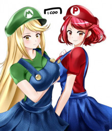 Pyra and Mythra wearing Mario and Luigi's overalls